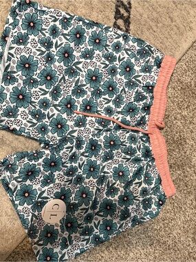 Caden Lane Teal Floral Swim Board Shorts with Pink Waistband